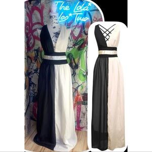 Black and White Two-Tone V-Neck Criss Cross Open Back  Maxi Dress
